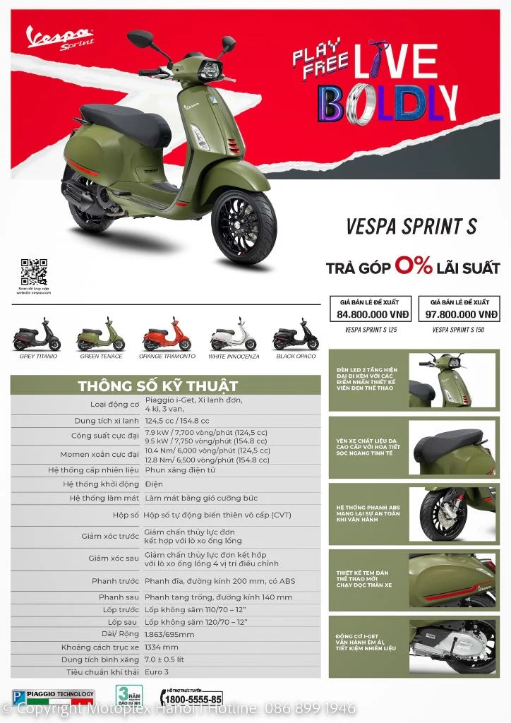 Vespa Sprint 2024 mới, Nhiều Ưu Đãi, Hỗ Trợ Trả Góp 0%, BH 3 năm - FMG Mobility