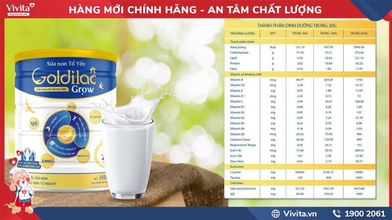 Sữa Non Tổ Yến Goldilac Grow Cho Trẻ 0 đến 10 Tuổi (Hộp 650g)