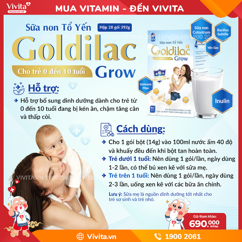 Sữa Non Tổ Yến Goldilac Grow Cho Trẻ 0 đến 10 Tuổi (Hộp 650g)