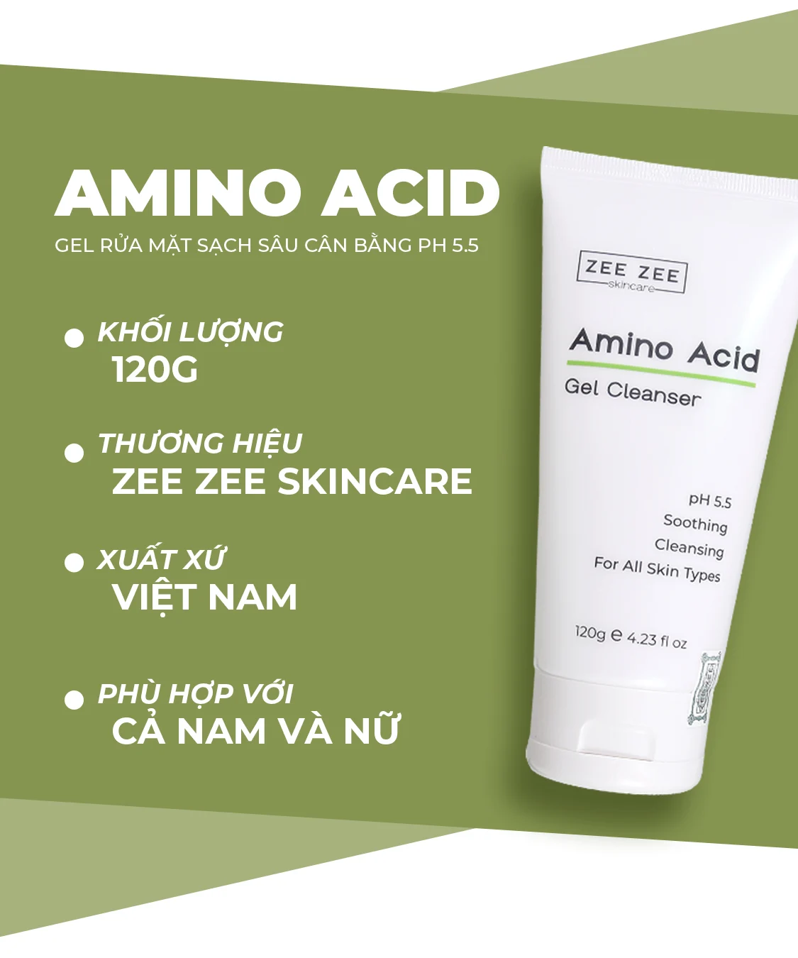 Gel Rửa Mặt Amino Acid Tạo Bọt Cân Bằng Ph 5.5 Cho Da Nhạy Cảm 120g - ZEE ZEE Skincare