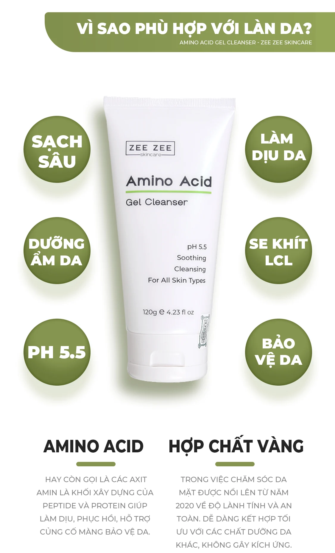 Gel Rửa Mặt Amino Acid Tạo Bọt Cân Bằng Ph 5.5 Cho Da Nhạy Cảm 120g - ZEE ZEE Skincare