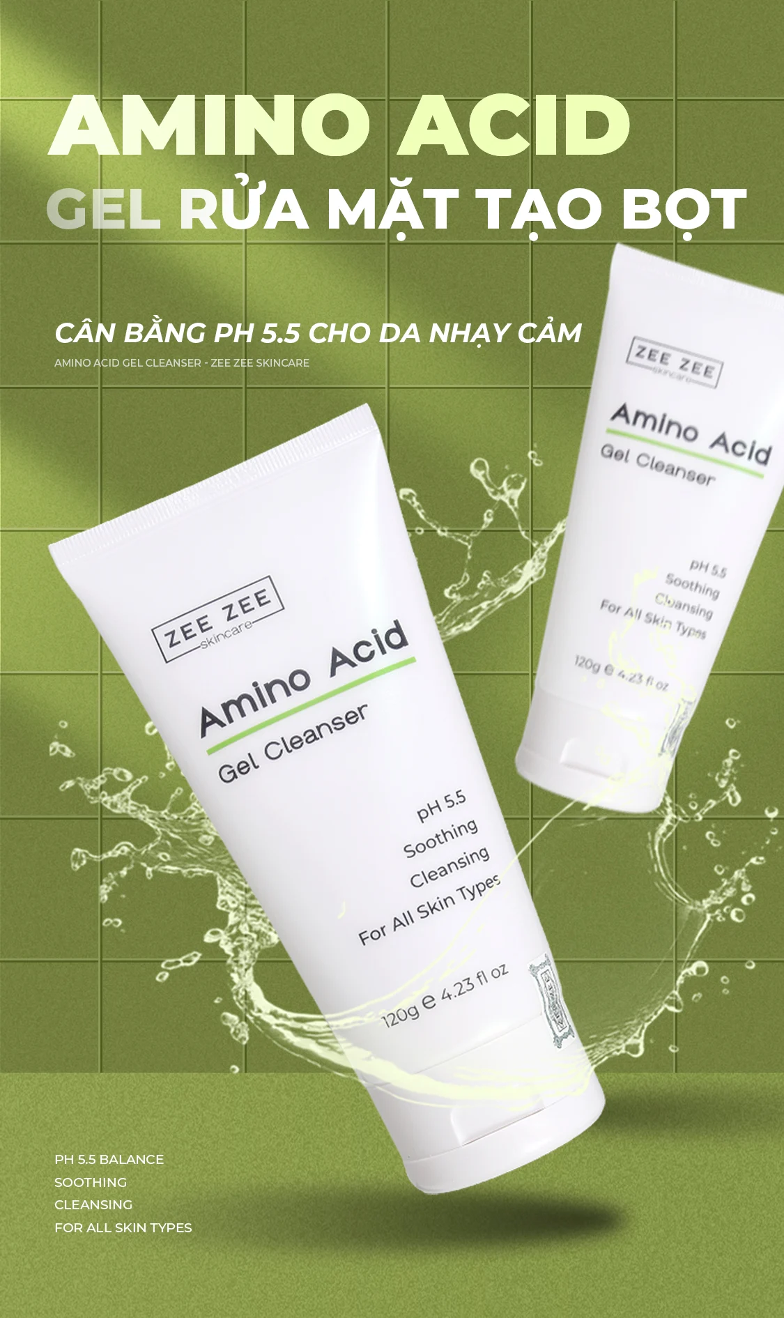 Gel Rửa Mặt Amino Acid Tạo Bọt Cân Bằng Ph 5.5 Cho Da Nhạy Cảm 120g - ZEE ZEE Skincare