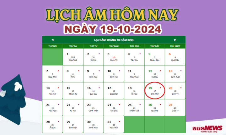 Lịch âm 19/10 - Âm lịch hôm nay 19/10 chính xác nhất - lịch vạn niên 19/10/2024