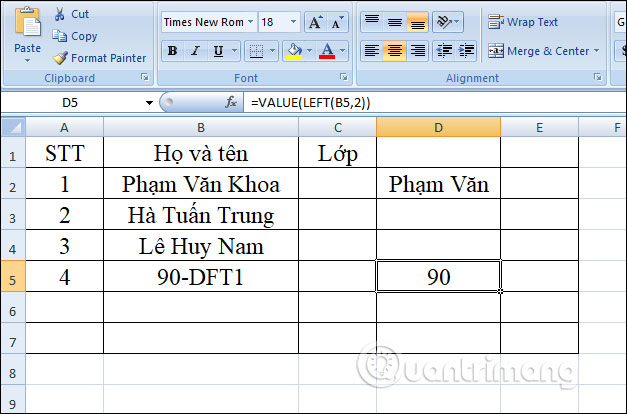 Hàm LEFT: Cắt các chuỗi ký tự bên trái trong Excel