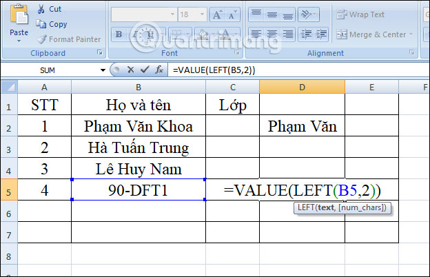 Hàm LEFT: Cắt các chuỗi ký tự bên trái trong Excel