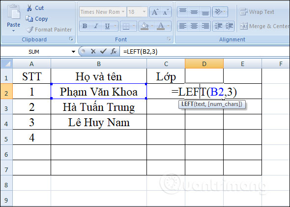 Hàm LEFT: Cắt các chuỗi ký tự bên trái trong Excel