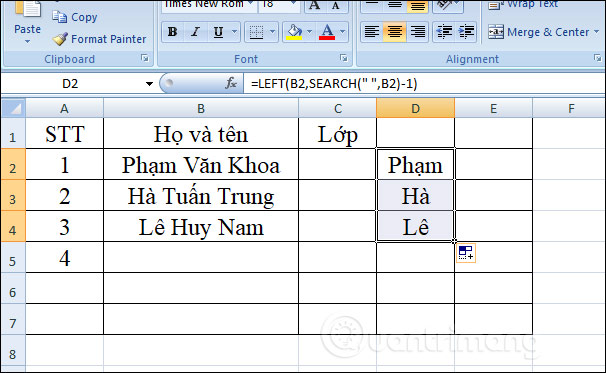 Hàm LEFT: Cắt các chuỗi ký tự bên trái trong Excel