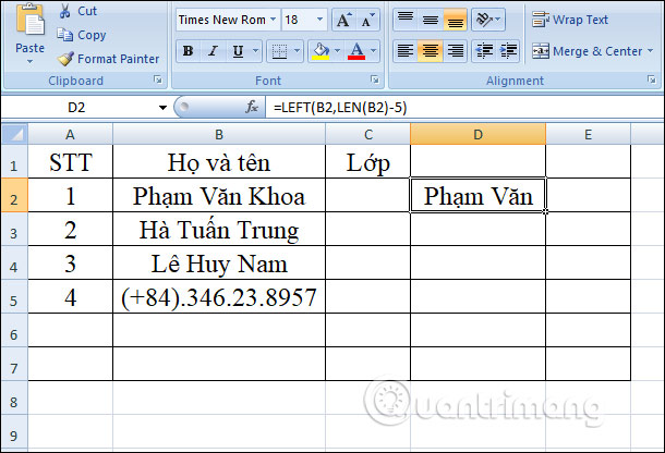 Hàm LEFT: Cắt các chuỗi ký tự bên trái trong Excel