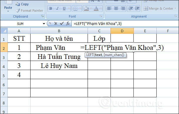 Hàm LEFT: Cắt các chuỗi ký tự bên trái trong Excel