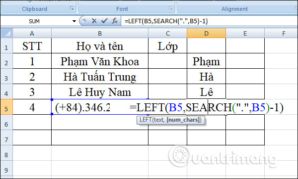 Hàm LEFT: Cắt các chuỗi ký tự bên trái trong Excel