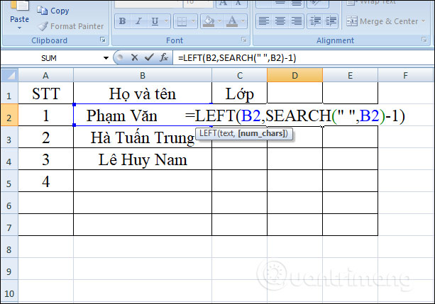 Hàm LEFT: Cắt các chuỗi ký tự bên trái trong Excel