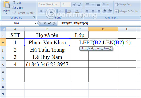 Hàm LEFT: Cắt các chuỗi ký tự bên trái trong Excel