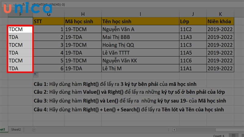 Cách sử dụng hàm Right trong Excel đơn giản, có ví dụ chi tiết