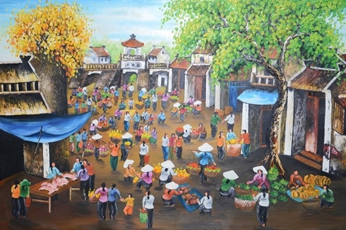 Tranh vẽ chợ Tết lung linh