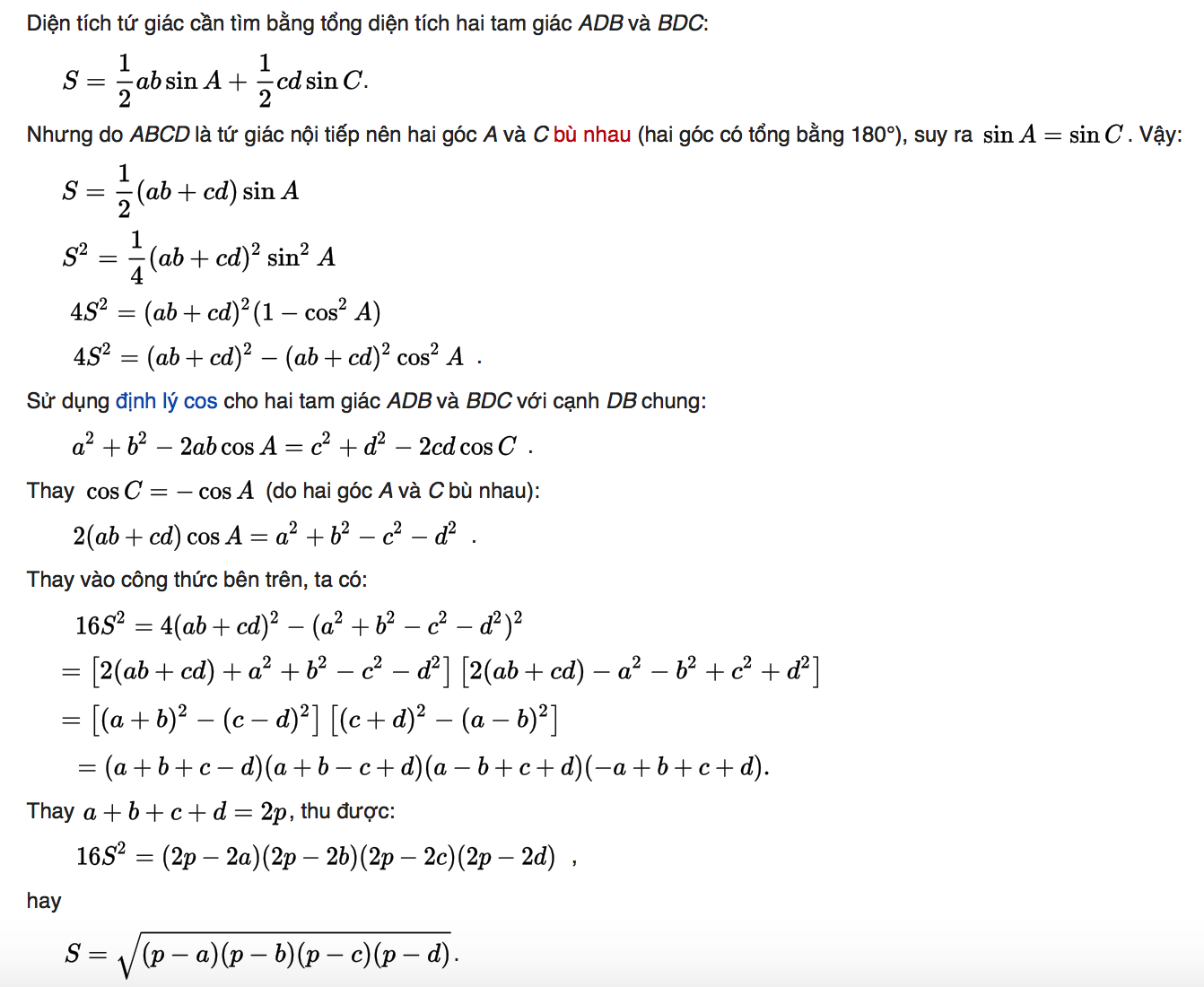 Công thức Brahmagupta tính diện tích tứ giác bất kì khi biết độ dài 4 cạnh và tổng hai góc đối diện | Học toán online chất lượng cao 2024 | Vted