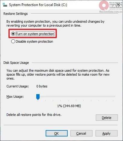 Cách bật System Restore Win 10 tạo điểm khôi phục hệ thống