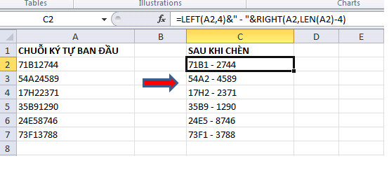 Cách thêm, chèn ký tự vào giữa các chuỗi dữ liệu trong Excel