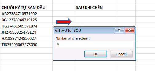 Cách thêm, chèn ký tự vào giữa các chuỗi dữ liệu trong Excel