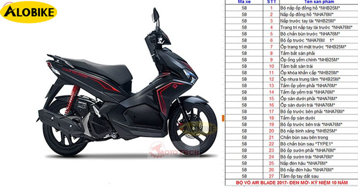 Bảng giá dàn áo xe Air Blade chính hãng Honda đời 2008 - 2022