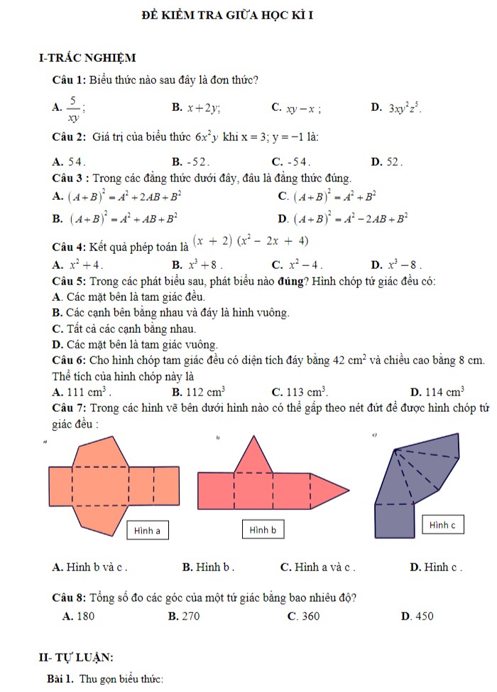 Đề thi giữa kì 1 lớp 8 môn toán và hướng dẫn giải chi tiết