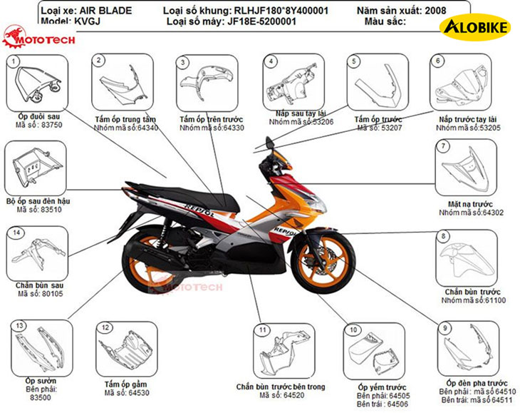 Bảng giá dàn áo xe Air Blade chính hãng Honda đời 2008 - 2022