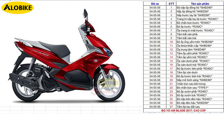 Bảng giá dàn áo xe Air Blade chính hãng Honda đời 2008 - 2022